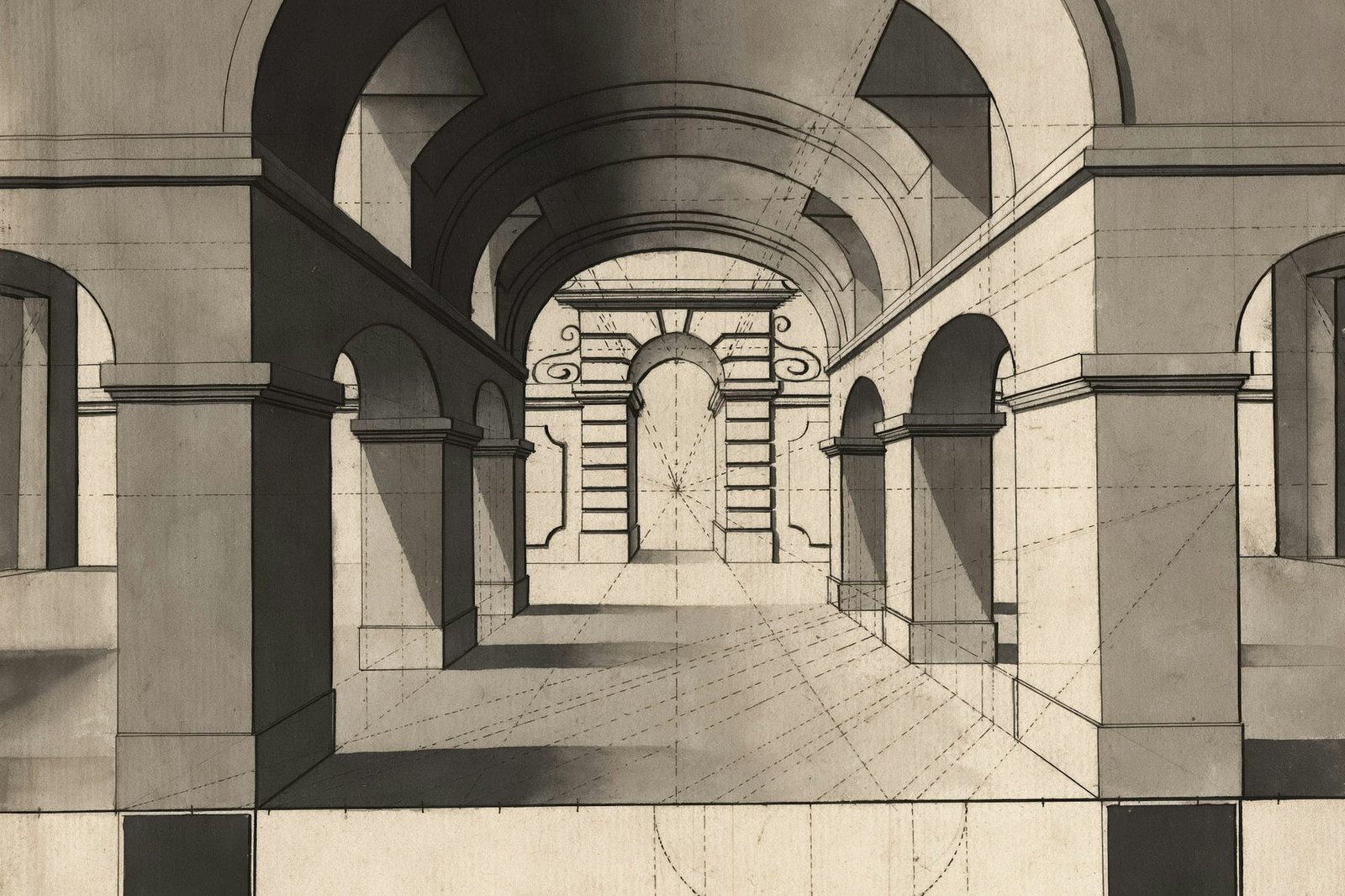 A hand-drawn one-point perspective of a barrel-vaulted arcade