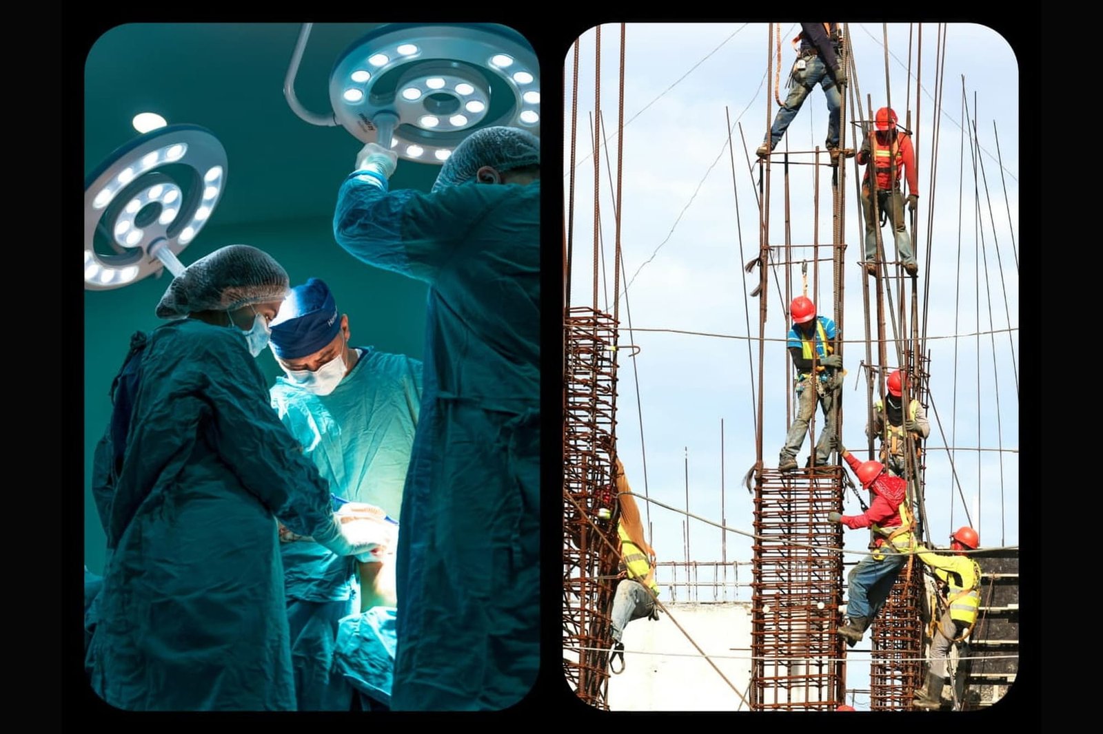 A surgical team at work beside steelfixers on a rebar column
